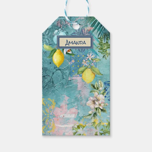 Chic collage blauw turquoise Siciliaanse citrus bl Cadeaulabel (Voorkant)