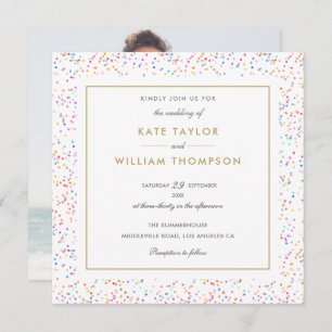 Chic Colorful Rainbow Confetti Photo Wedding Kaart