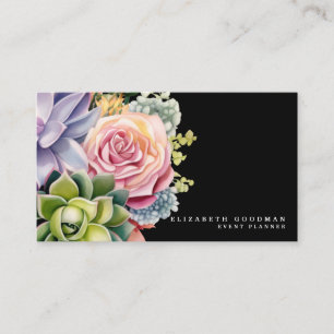 Chic Colorful Succulents Cartes de visite noirs