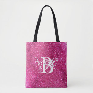 Chic Cool Pink Glitter White Initiaal Monogram Draagtas