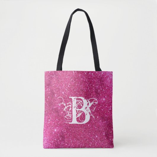 Chic Cool Pink Glitter White Initiaal Monogram Draagtas (Voorkant)