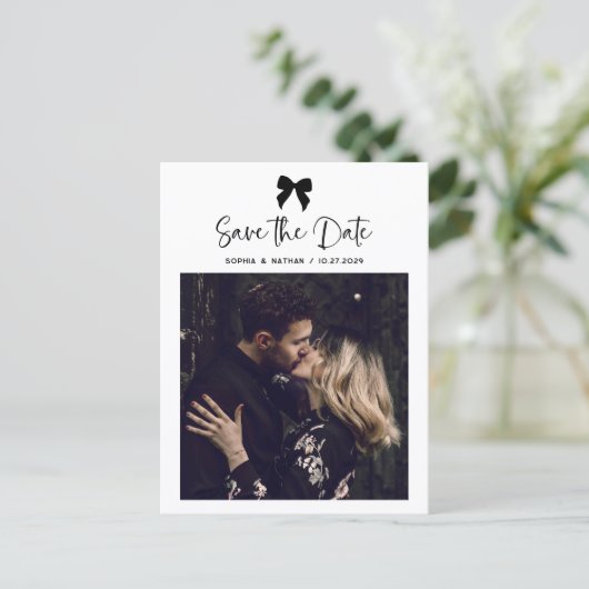 Chic Coquette Bow Multi Photo Grid | Save the Date Aankondigingskaart (Staand voorkant)