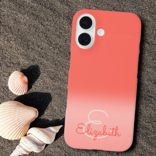 Chic Coral Ombre Name Initiaal Letter Monogram iPhone 16 Hoesje