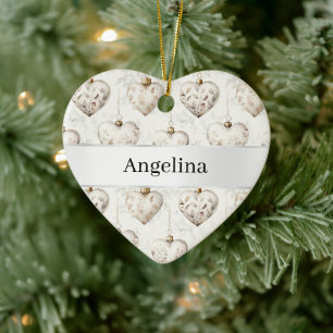 Chic Crème Harten Zilveren Lint Kerst Keramisch Ornament