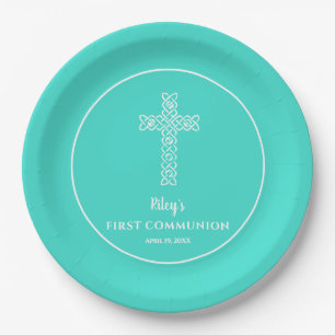 Chic Cross op Turquoise Eerste Communie Papieren Bordje