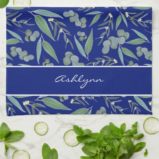 Chic Custom Navy Blue Eucalyptus Greenery Pattern Theedoek (Gevouwen)