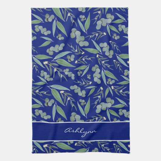 Chic Custom Navy Blue Eucalyptus Greenery Pattern Theedoek (Verticaal)