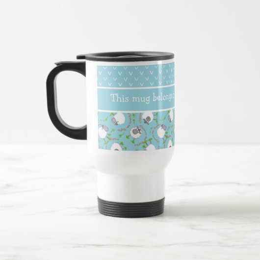 Chic Custom Travel Mug : Bleu, Fun Sheep Motifs (Gauche)