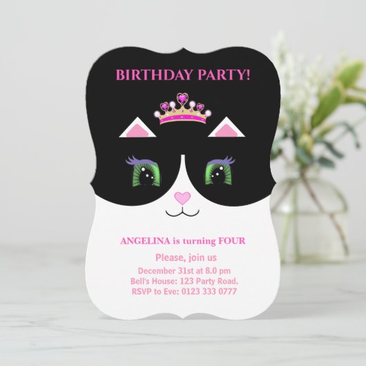 Chic Cute Black Roze White Tuxedo Cat Invitation Kaart (Staand voorkant)
