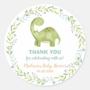 Chic Cute Dinosaur Brontosaurus Boy Baby shower Ronde Sticker