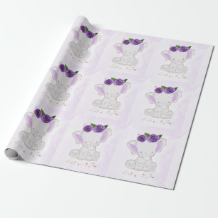 Chic Cute Elephant Paarse Gold Flowers Cadeaupapier