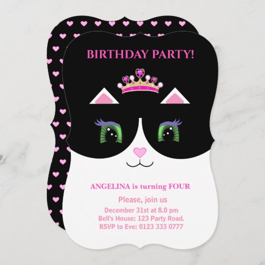 Chic Cute Noir Rose Blanc Tuxedo Chat Invitation (Devant / Derrière)
