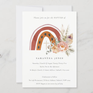 Chic Cute Rust Boho Floral Rainbow Baptism Invite Bedankkaart
