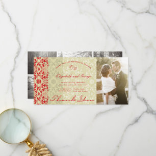Chic Damask Lace Red & Taupe Photo Wedding Bedankkaart