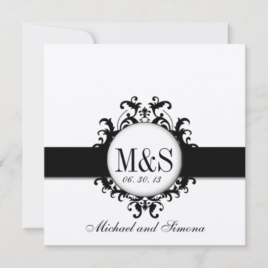 Chic Damask Monogrammen Wedding Black Cream Kaart (Voorkant)