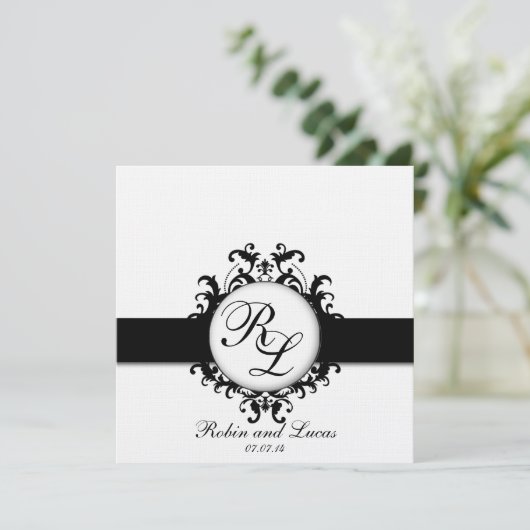 Chic Damask Monogrammen Wedding Invites Black Whit Kaart (Staand voorkant)