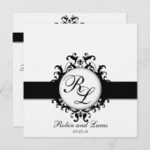 Chic Damask Monogrammen Wedding Invites Black Whit Kaart (Voorkant / Achterkant)