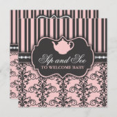 Chic Damask Pink Sip and See Baby Tea Invitation (Devant / Derrière)