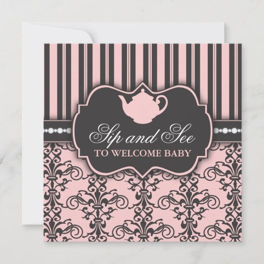 Chic Damask Pink Sip and See Baby Tea Invitation (Devant)