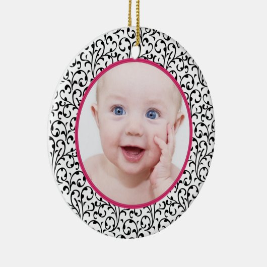 Chic Damask Roze Baby's eerste kerst Keramisch Ornament (Rechts)
