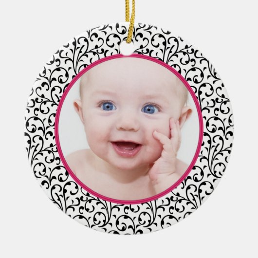 Chic Damask Roze Baby's eerste kerst Keramisch Ornament (Voorkant)