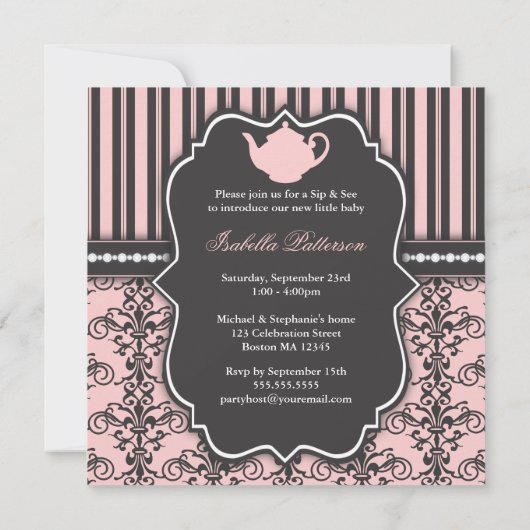 Chic Damask roze Sip en zie de Uitnodiging van de (Achterkant)