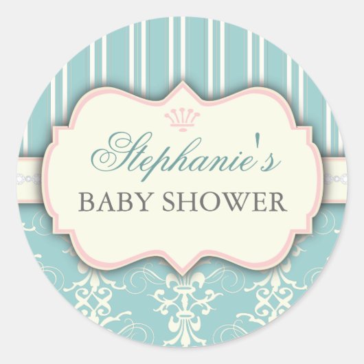 Chic Damask & Stripe Baby shower Favoriser Sticker (Devant)