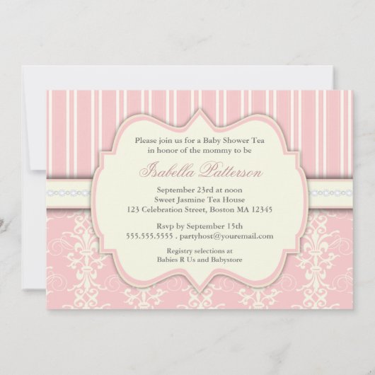 Chic Damask & Stripe Baby shower Tea Invitation Kaart (Achterkant)