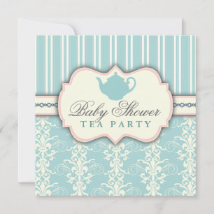 Chic Damask & Stripe Baby shower Tea Invitation Kaart