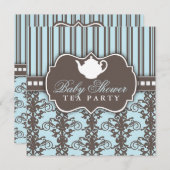Chic Damask & Stripe Baby shower Tea Invitation Kaart (Voorkant / Achterkant)