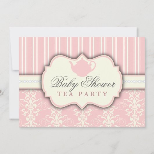 Chic Damask & Stripe Baby shower Thé Invitation (Devant)