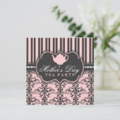Chic Damask & Stripe Mother's Day Tea Invitation (Debout devant)