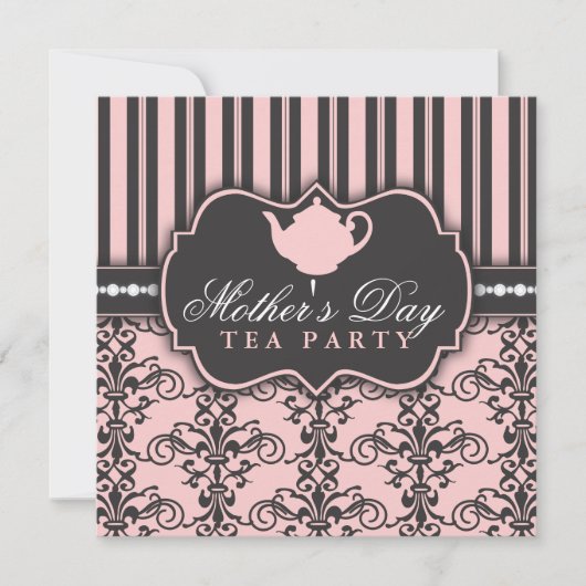 Chic Damask & Stripe Mother's Day Tea Invitation (Devant)