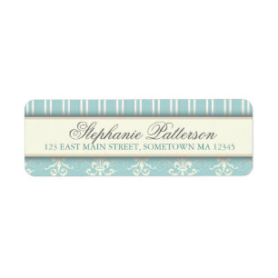 Chic Damask & Stripe Return Address Label   Blauwg