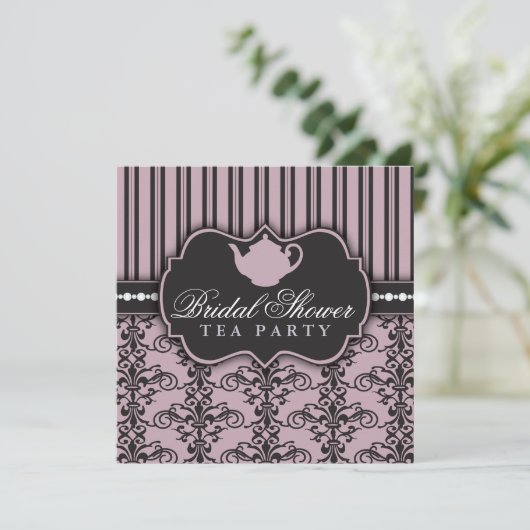 Chic Damask & Stripe Vrijgezellenfeest Tea Invitat Kaart (Staand voorkant)