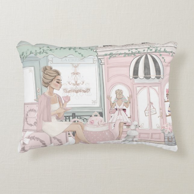 Chic Dames Franse bakkerij Tea Shop Waterverf Accent Kussen (Voorkant)