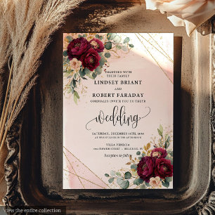 Chic Dark Red Gold Blush Bloemen Rustieke bruiloft Kaart