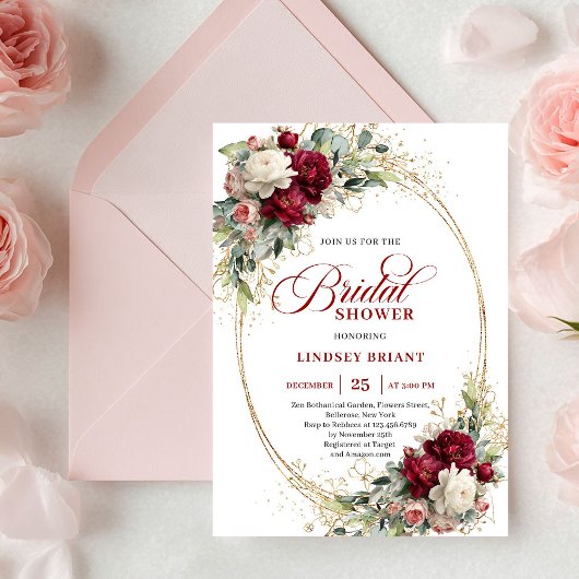 Chic Deep Red Floral Gold Bridal Shower Invitation