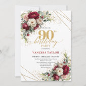 Chic Deep Red Gold Roses 90th Birthday Invitation  (Devant)