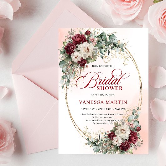 Chic Deep Red Peony Gold Bridal Shower Invitation