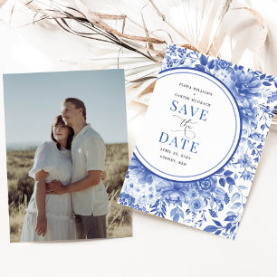 Chic Delft Blue Chinoiserie Wedding Save the Date Kaart