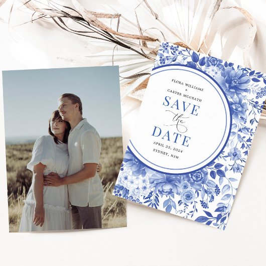 Chic Delft Blue Chinoiserie Wedding Save the Date Kaart