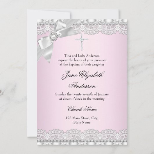 Chic Diamond Lace Pink Baptism Invite Kaart (Voorkant)
