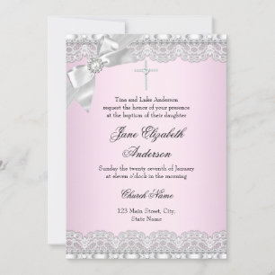 Chic Diamond Lace Pink Baptism Invite Kaart