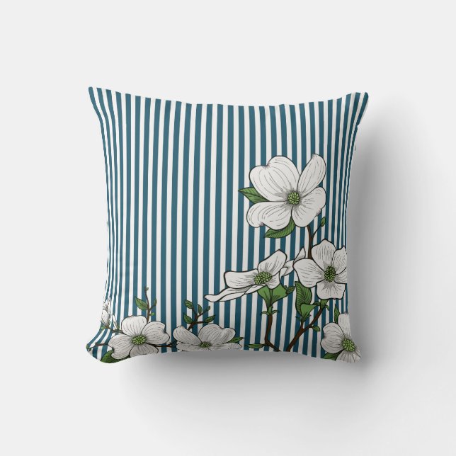 Chic Dogwood Blossoms & Stripes Jeter Oreiller (Recto)