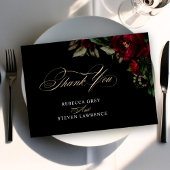 Chic donker gothic groen rood bloemen moody bruilo bedankkaart