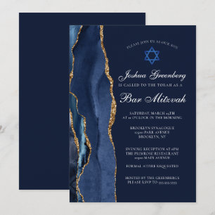 Chic Donkerblauw Gouden Agaat Bar Mitswa Party Kaart