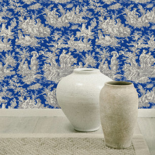 Chic donkerblauw toile de jouy bedrukt behang