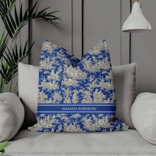 Chic  donkerblauw toile de jouy bedrukt kussen