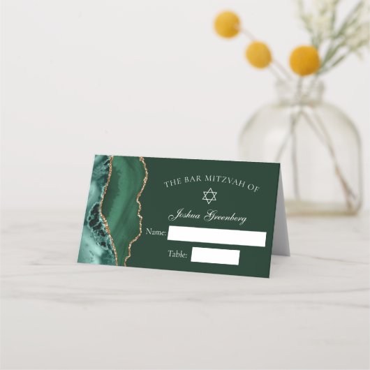 Chic Donkergroen Gouden Bar Mitswa Place Card (Voorkant)